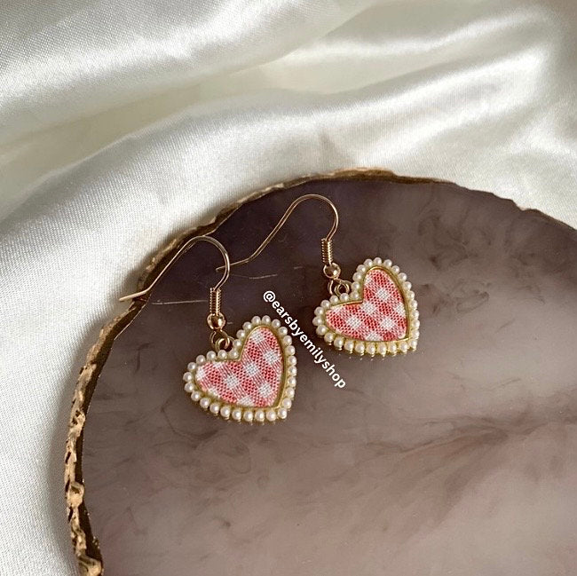 White pearl heart and pink gingham dangle gold earrings