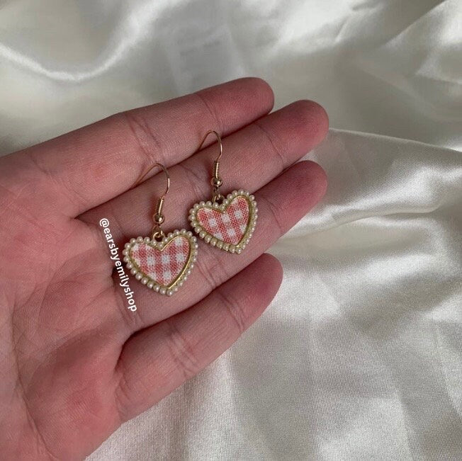 White pearl heart and pink gingham dangle gold earrings