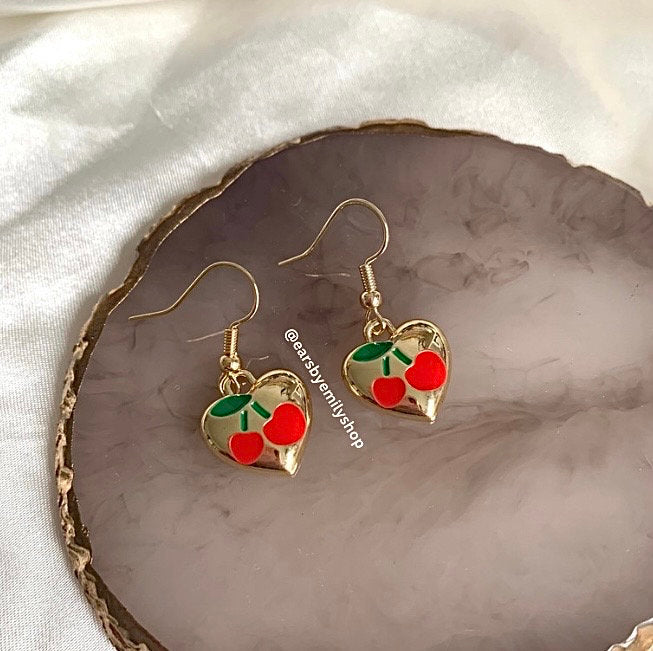 Red cherry in gold heart dangle earrings