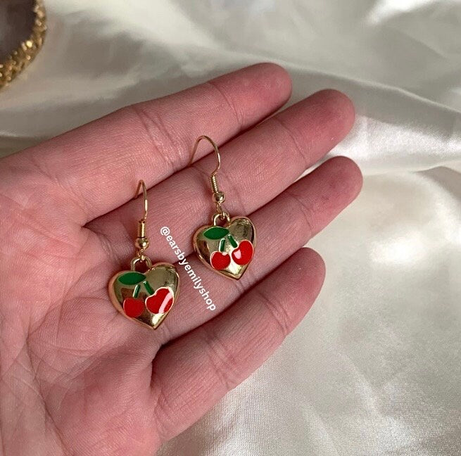 Red cherry in gold heart dangle earrings