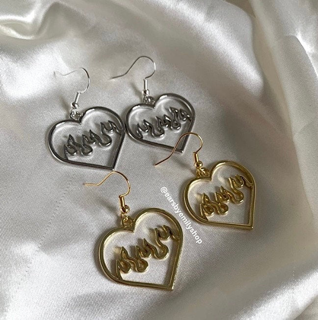 Silver or gold heart with flame dangle earrings