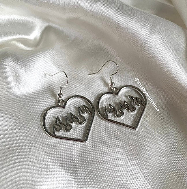 Silver or gold heart with flame dangle earrings