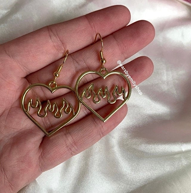 Silver or gold heart with flame dangle earrings