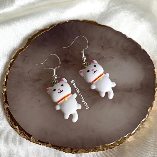 White cat drop dangle earrings handmade on silver plated hooks