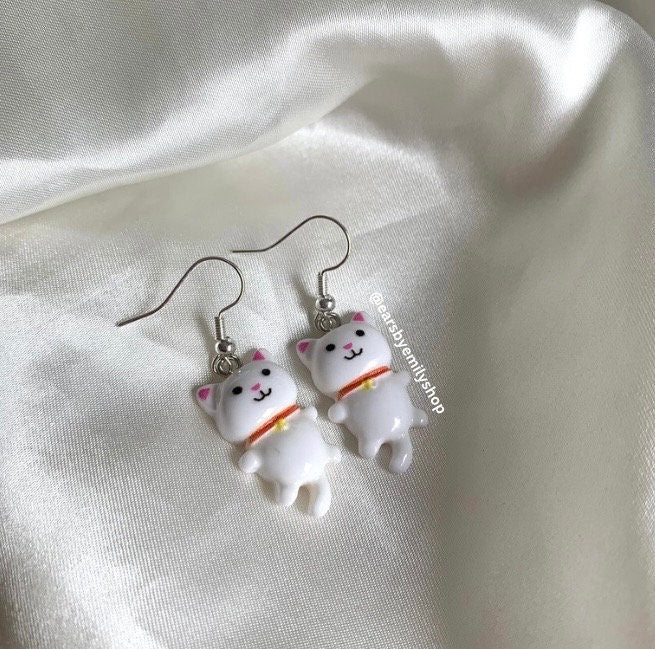 White cat drop dangle earrings handmade on silver plated hooks