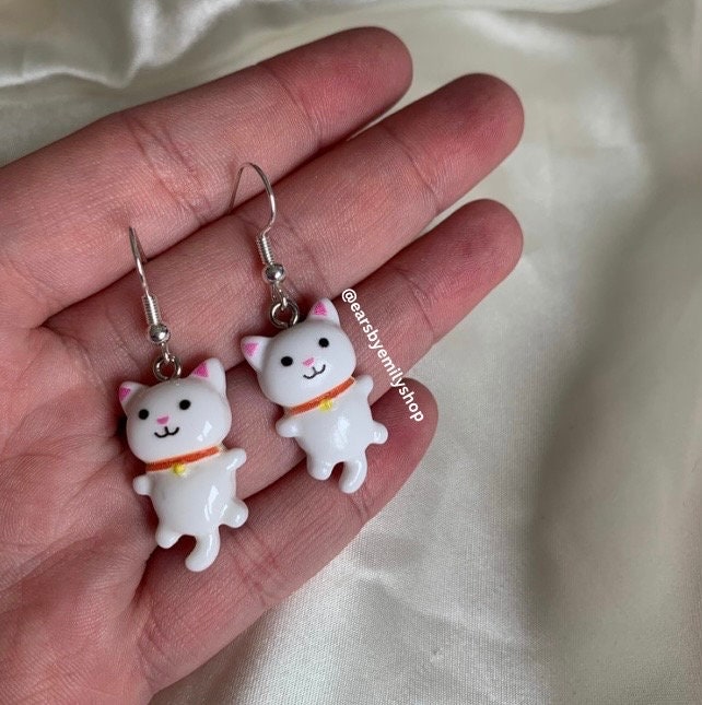 White cat drop dangle earrings handmade on silver plated hooks