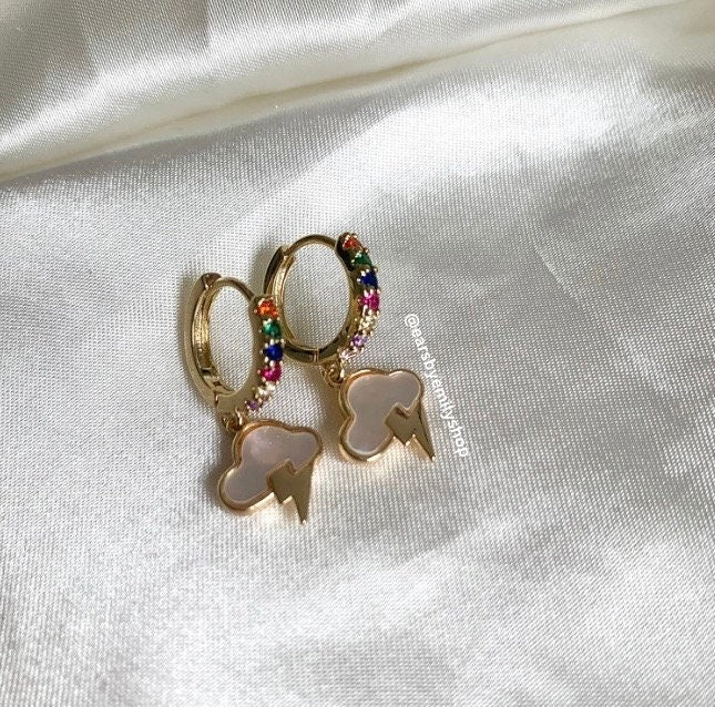 Rainbow crystal hoops with white mother of pearl thunder cloud earrings