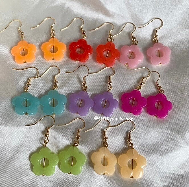 Colourful quirky cool flower handmade drop dangle earrings on 18k gold plated or silver plated hooks