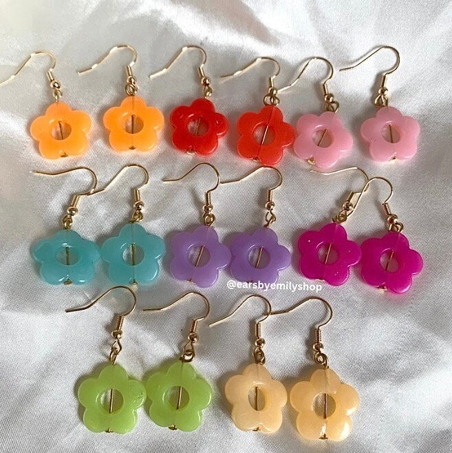 Colourful quirky cool flower handmade drop dangle earrings on 18k gold plated or silver plated hooks