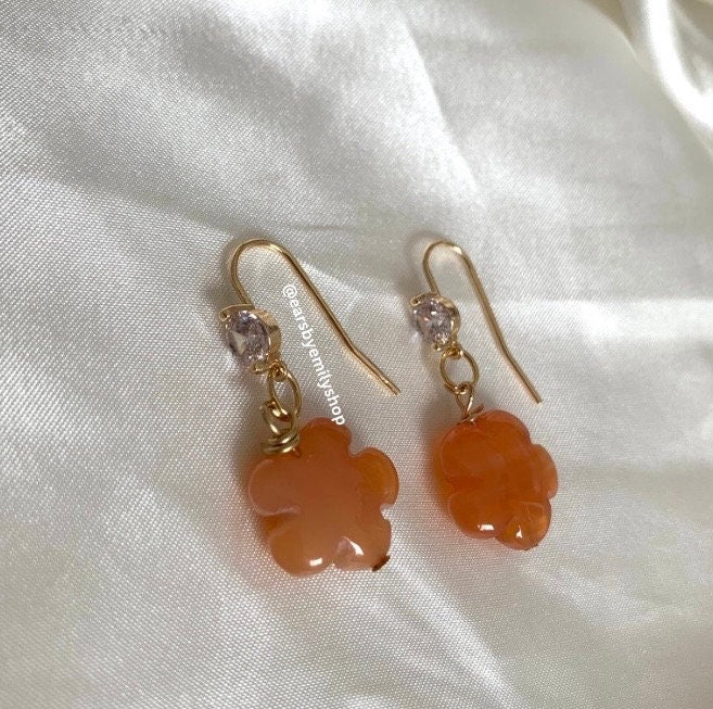 Gold plated semi precious flower crystal drop dangle earrings with diamanté  - rose quartz, carnelian, green aventurine, agate