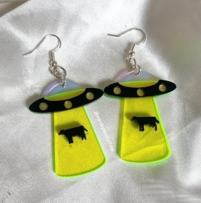 Black and yellow acrylic cow UFO space silver earrings