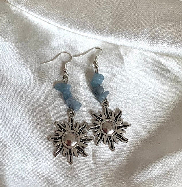 Cool quirky silver sun earrings with blue aquamarine crystal chips handmade drop dangle earrings