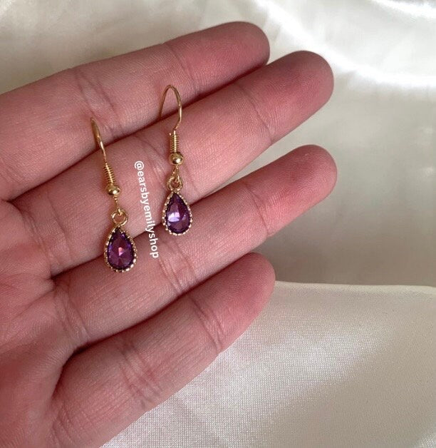 Purple gold teardrop gem drop dangle earrings