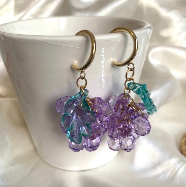 Handmade beaded purple grape with leaf gold plated half hoop stud earrings