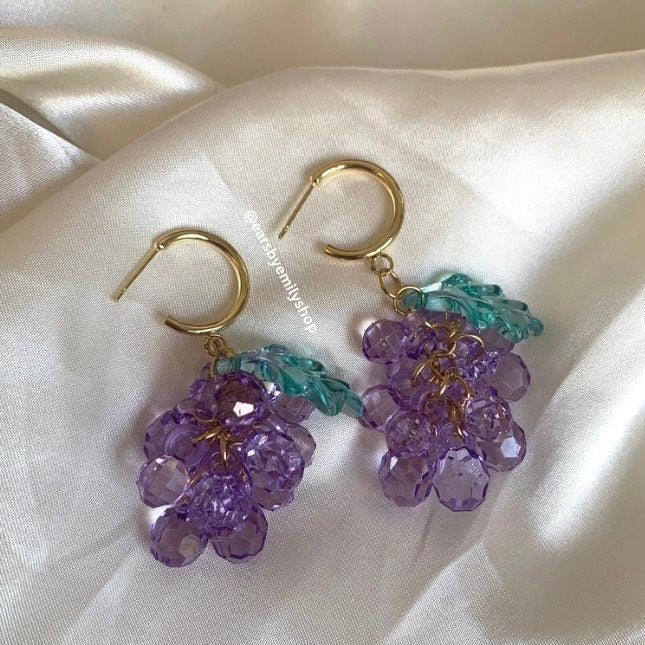 Handmade beaded purple grape with leaf gold plated half hoop stud earrings