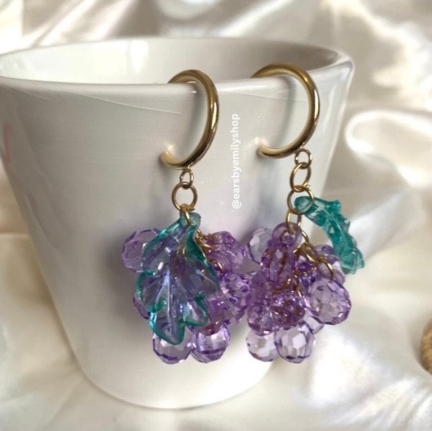 Handmade beaded purple grape with leaf gold plated half hoop stud earrings