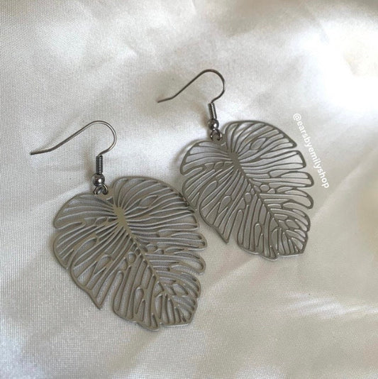 Stainless steel large outline leaf dangle earrings