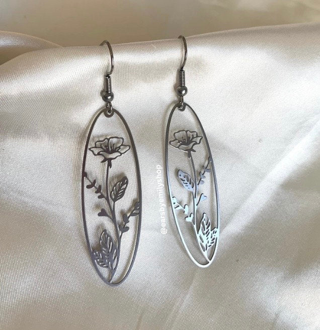 Stainless steel oval flower earrings