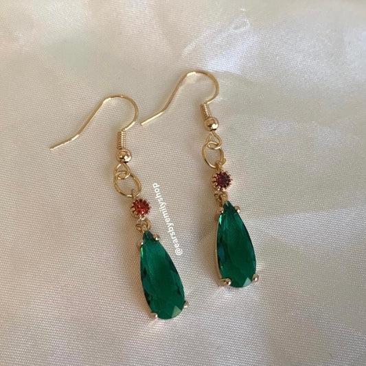 Red and green crystal teardrop gem gold earrings