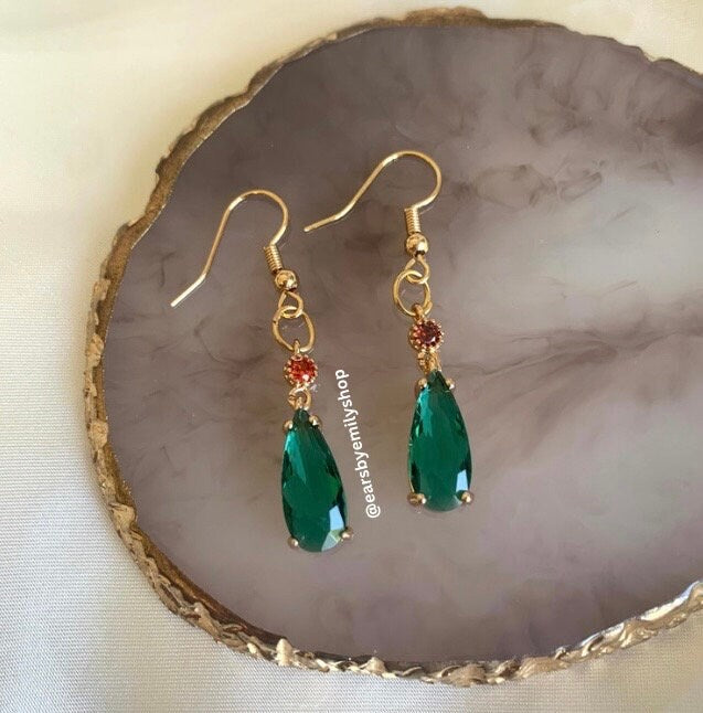 Red and green crystal teardrop gem gold earrings