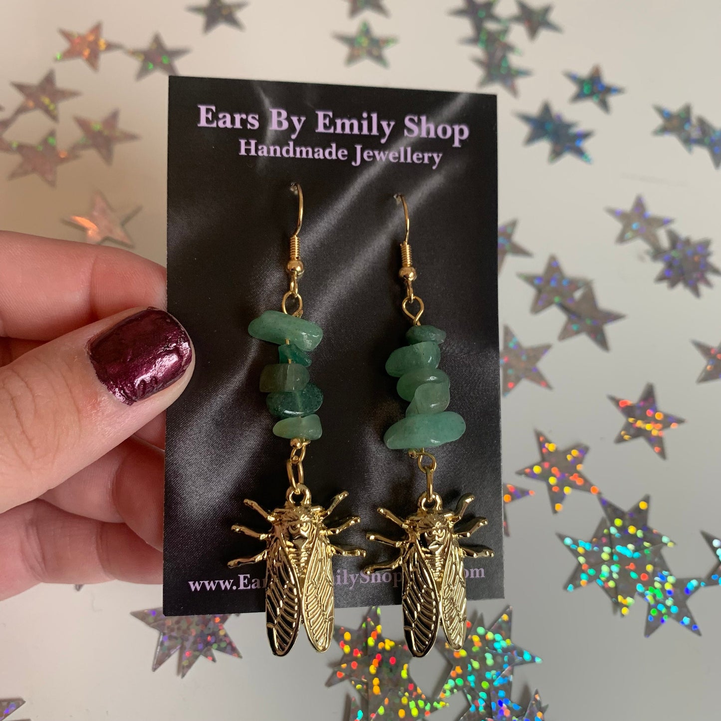 Gold plated cicada bug dangle earrings with green aventurine crystals