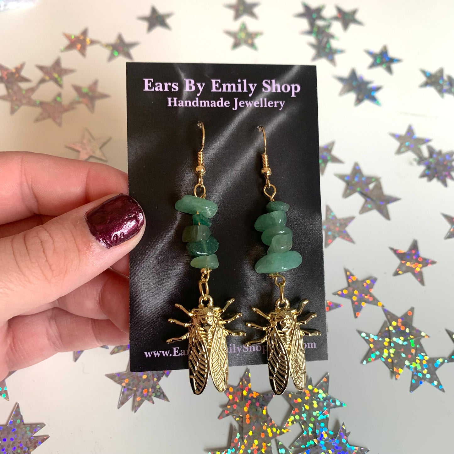 Gold plated cicada bug dangle earrings with green aventurine crystals