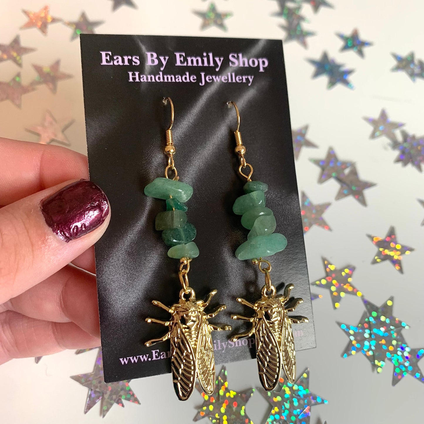 Gold plated cicada bug dangle earrings with green aventurine crystals