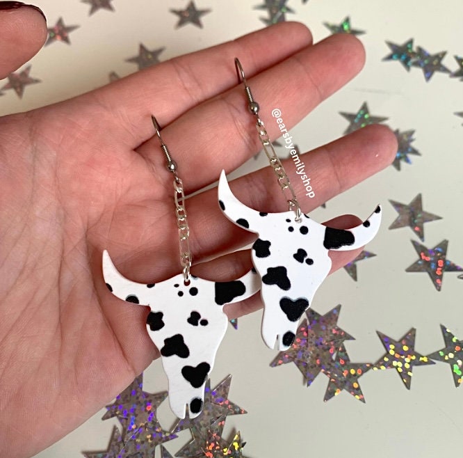 Black and white western cow silver plated earrings