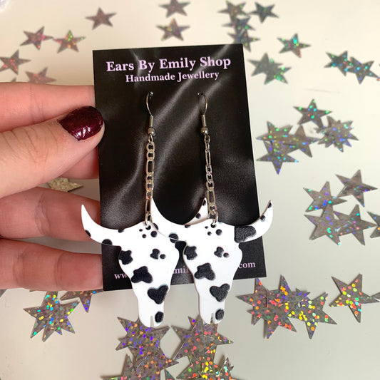 Black and white western cow silver plated earrings