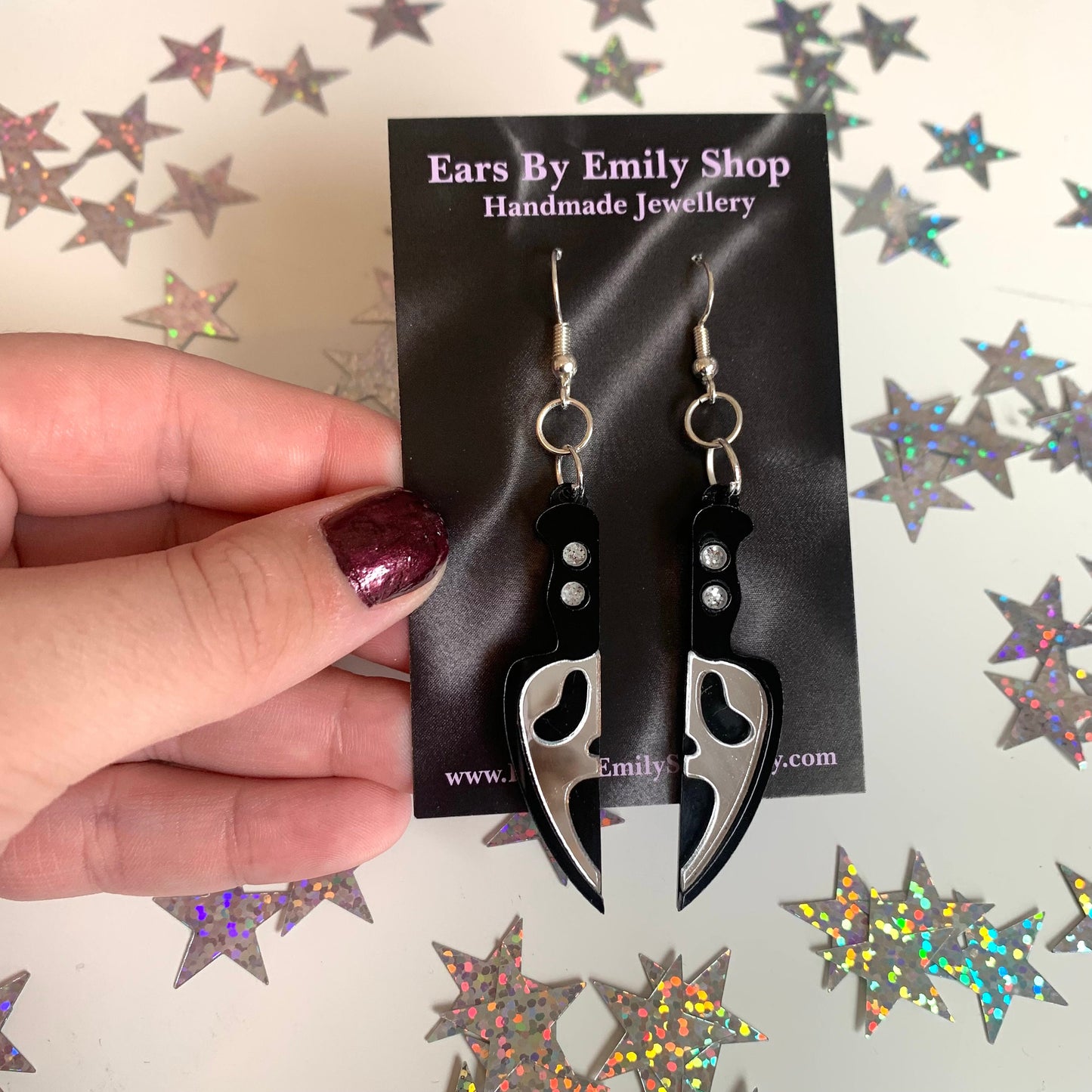 Acrylic Halloween knife ghost face dangle earrings