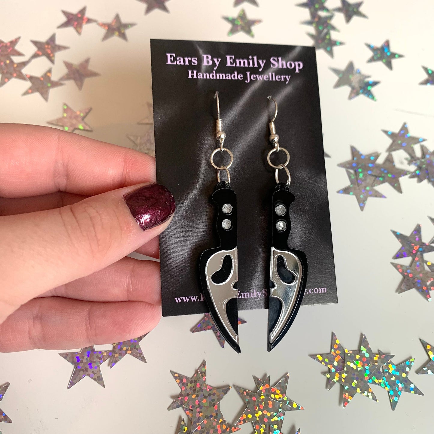 Acrylic Halloween knife ghost face dangle earrings