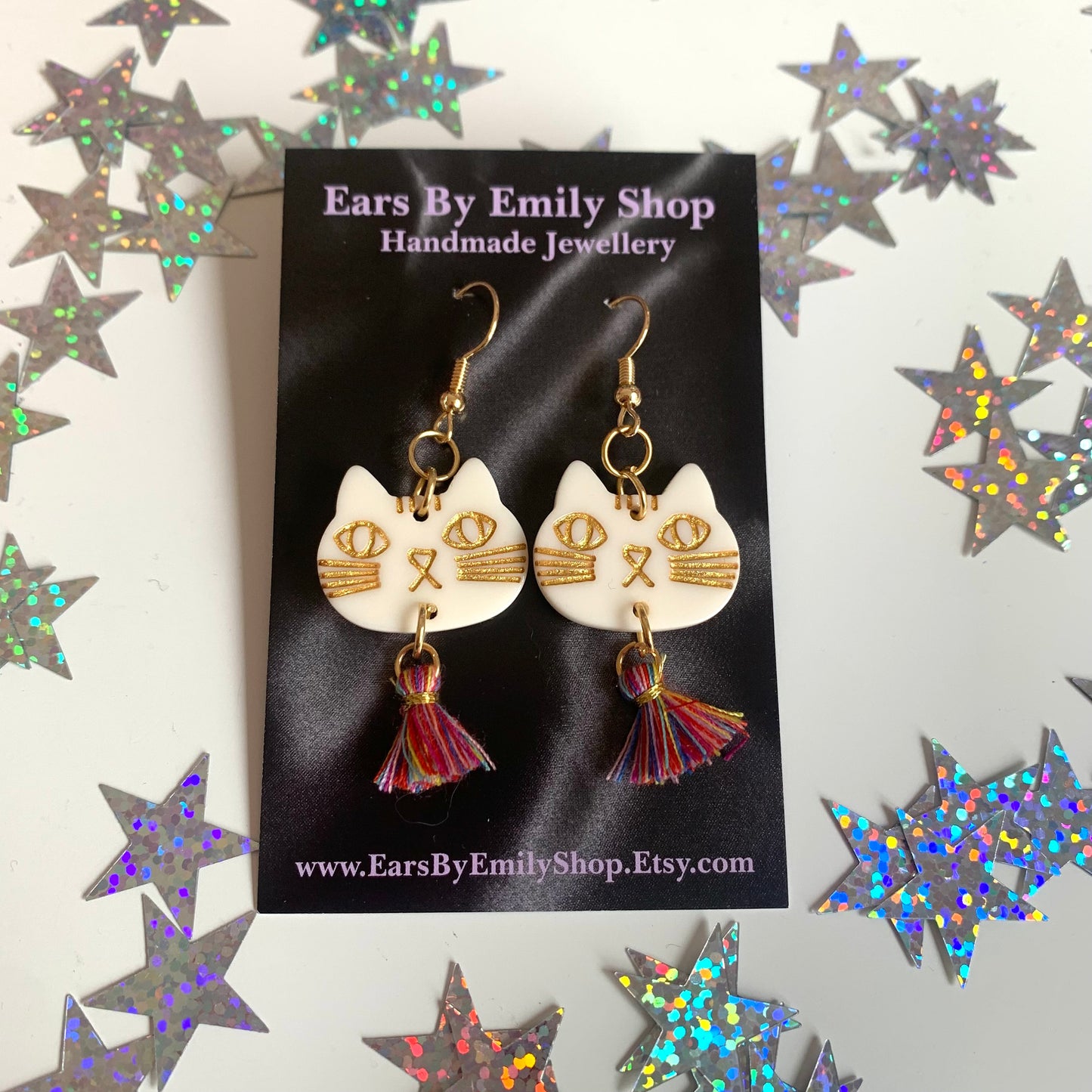 Gold plated cat with rainbow tassels earrings