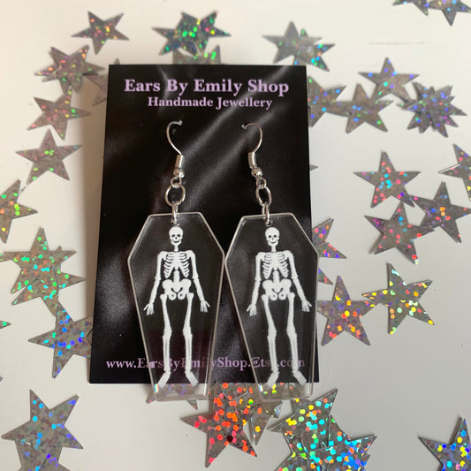 Acrylic silver plated skeleton coffin Halloween earrings