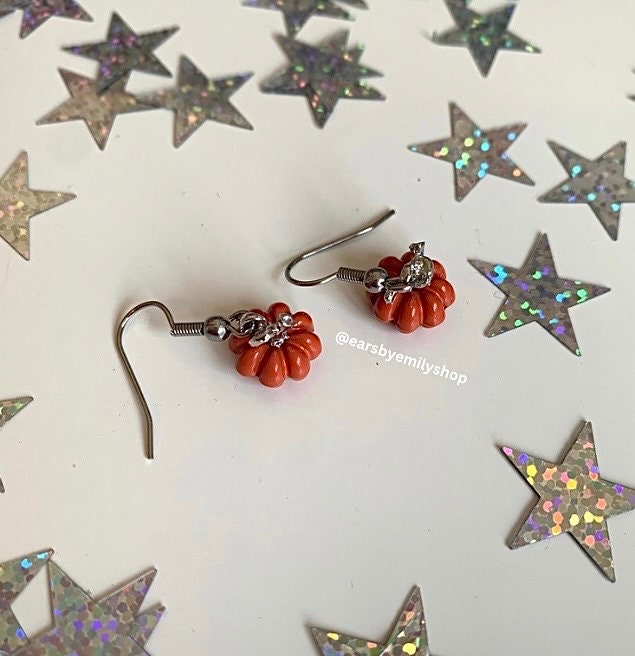 Small silver orange pumpkin dangle Halloween earrings