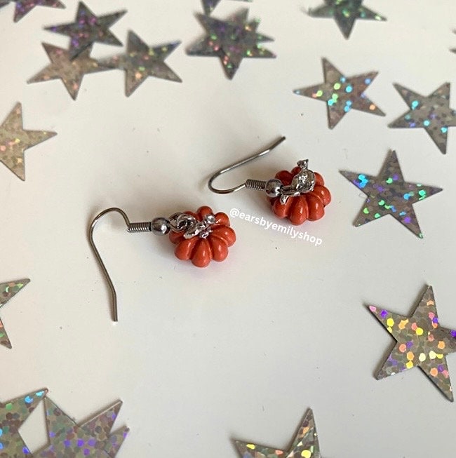 Small silver orange pumpkin dangle Halloween earrings