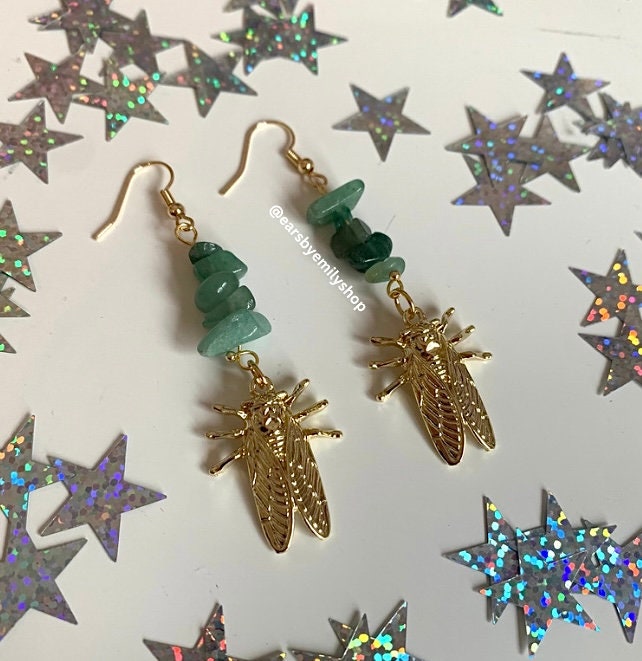 Gold plated cicada bug dangle earrings with green aventurine crystals