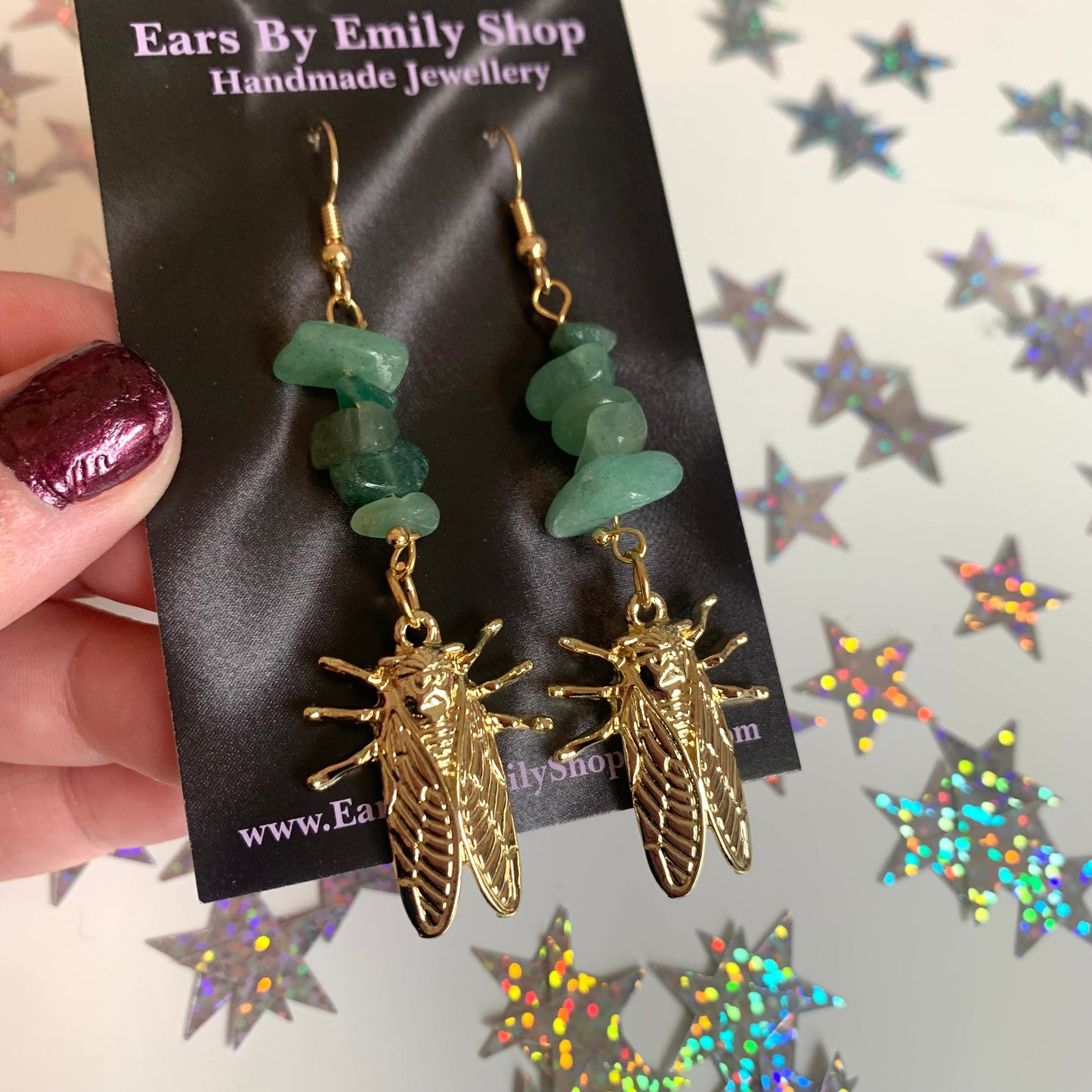 Gold plated cicada bug dangle earrings with green aventurine crystals