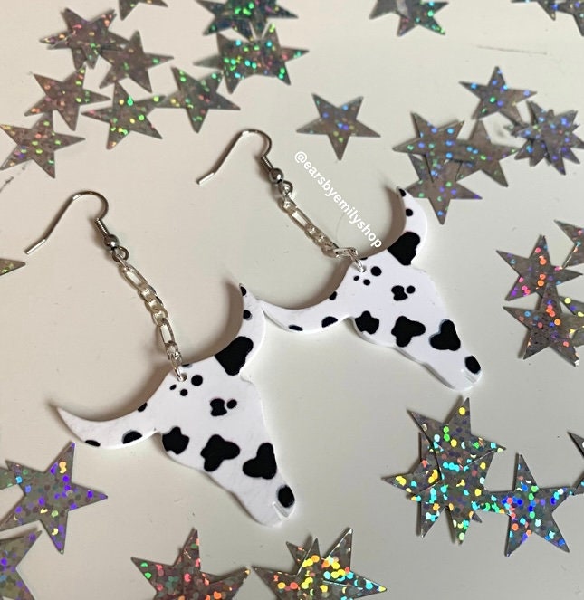 Black and white western cow silver plated earrings