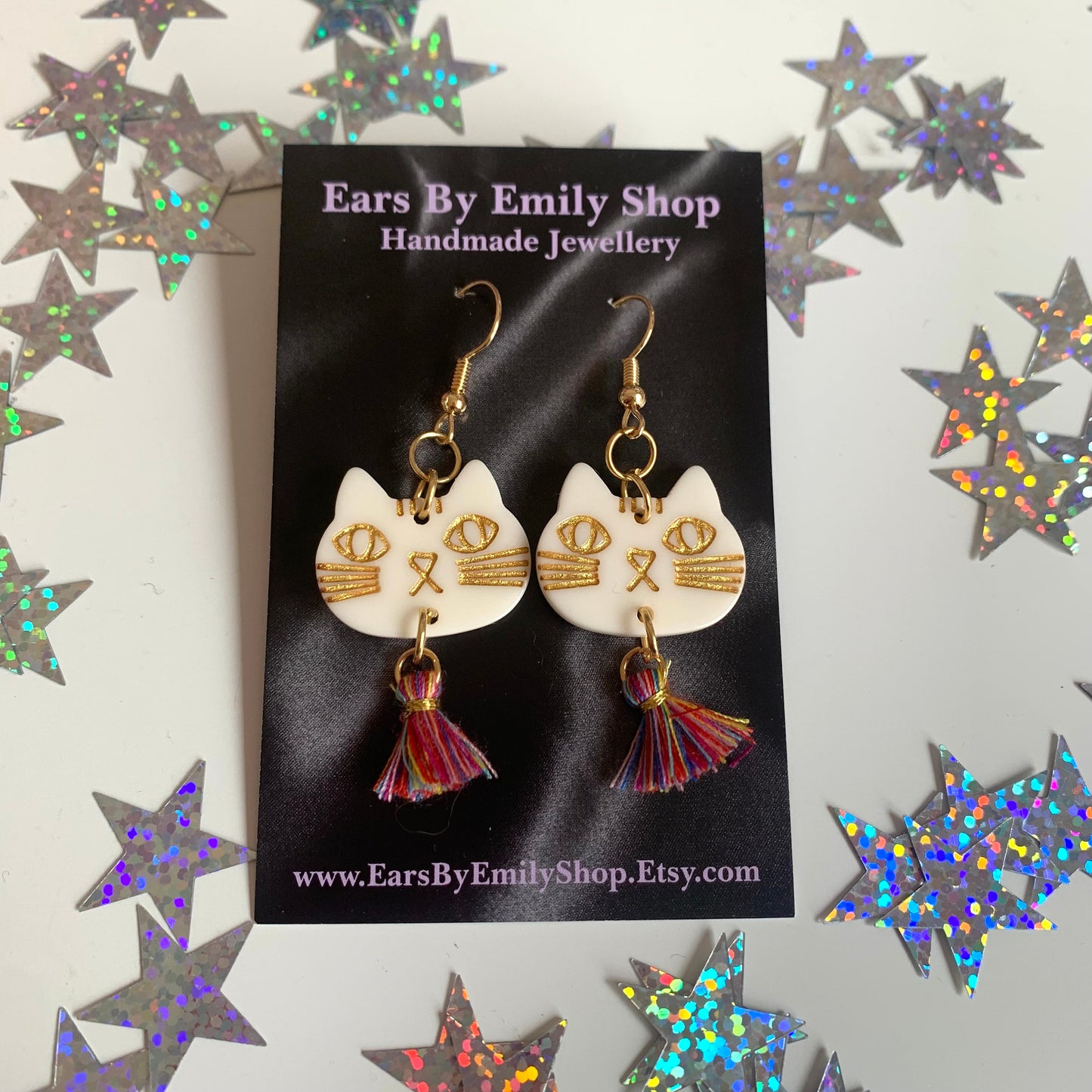 Gold plated cat with rainbow tassels earrings