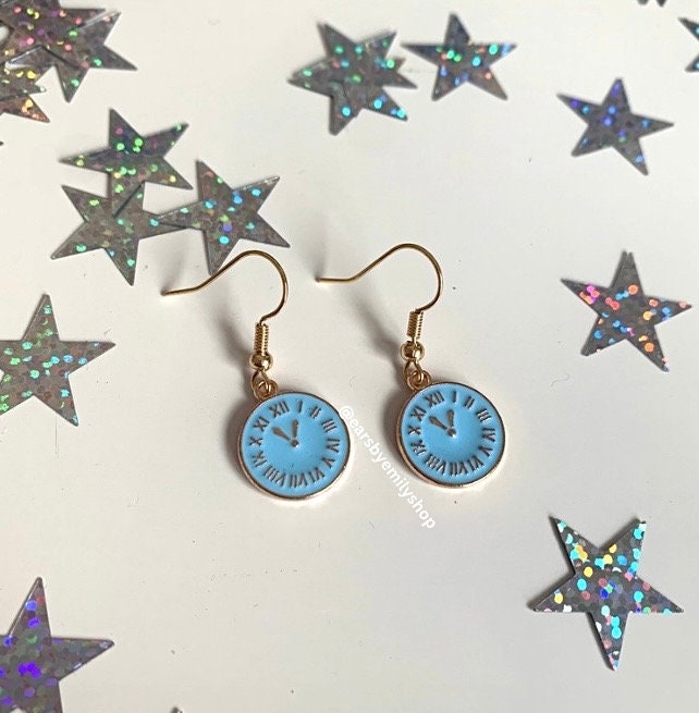 Blue and gold clock earrings