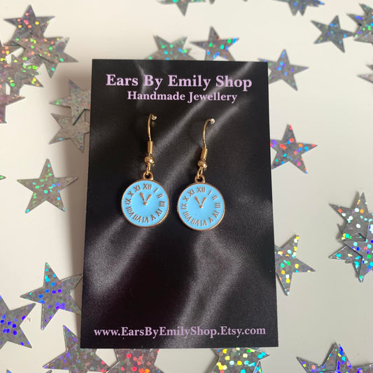 Blue and gold clock earrings