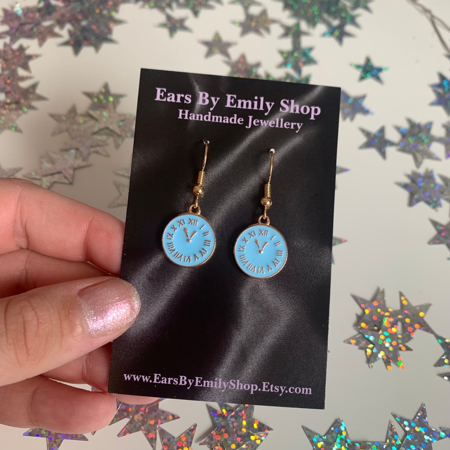 Blue and gold clock earrings