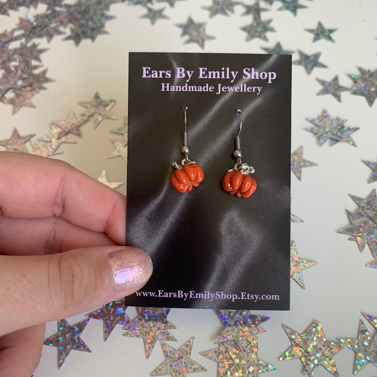 Small silver orange pumpkin dangle Halloween earrings