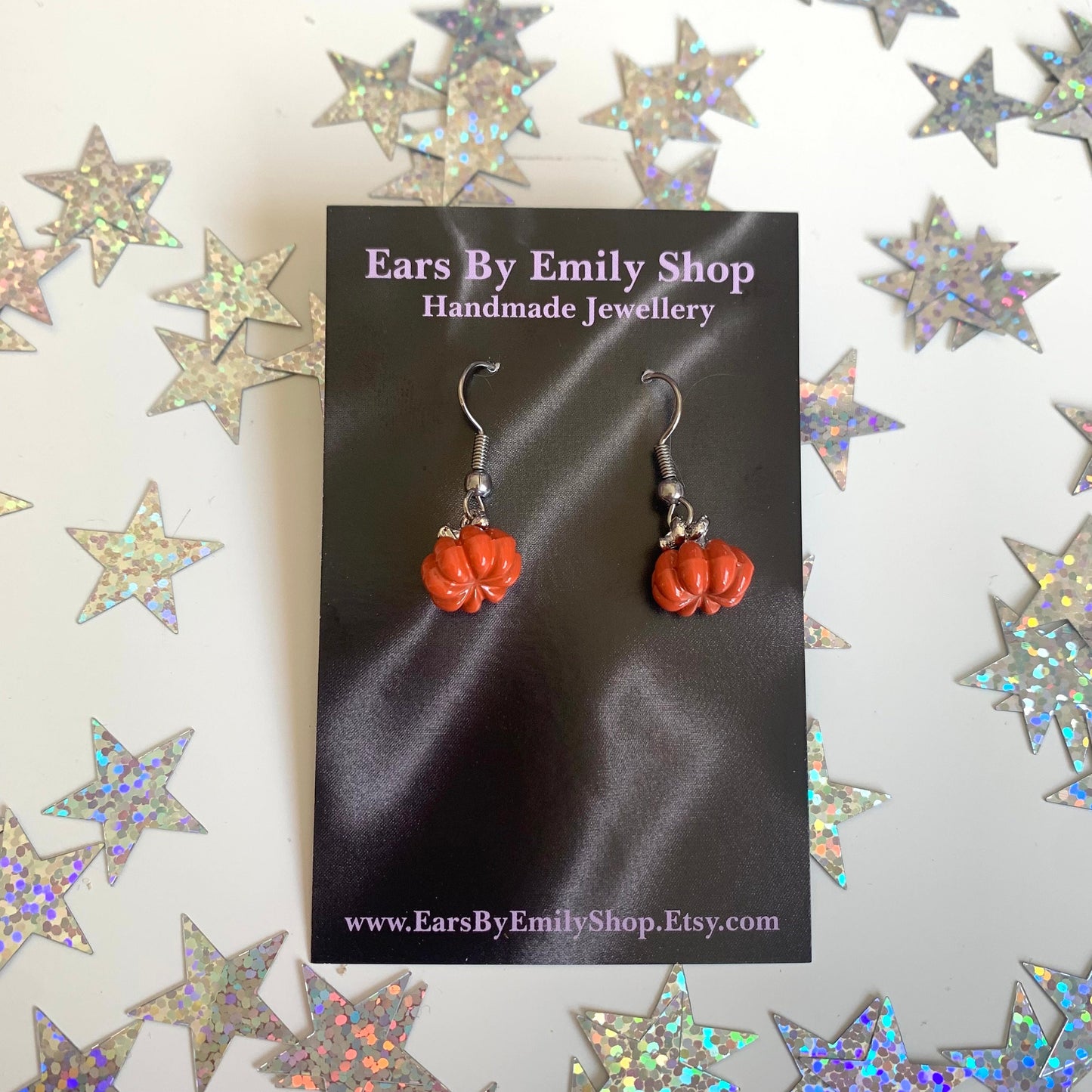 Small silver orange pumpkin dangle Halloween earrings