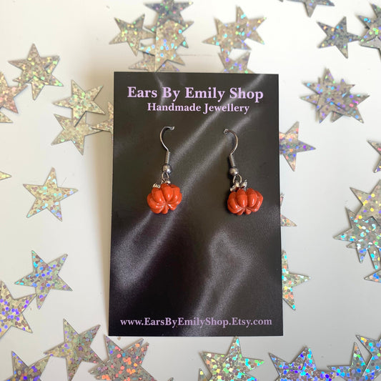 Small silver orange pumpkin dangle Halloween earrings