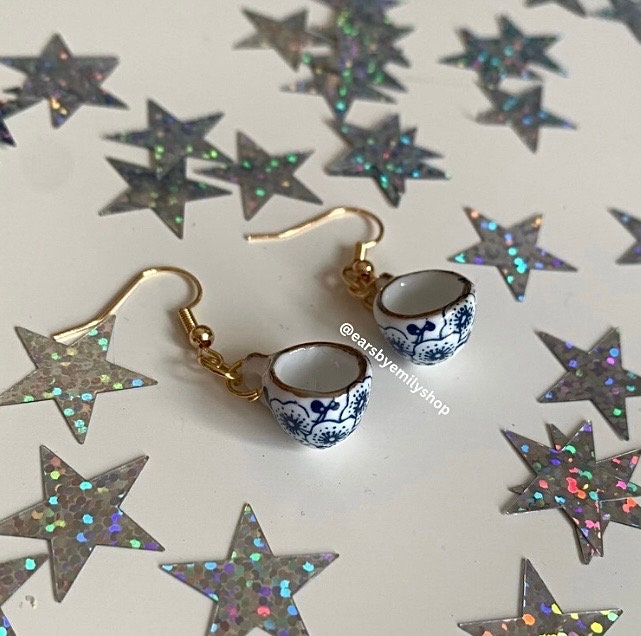 Blue and white flower porcelain rustic gold tea cup earrings